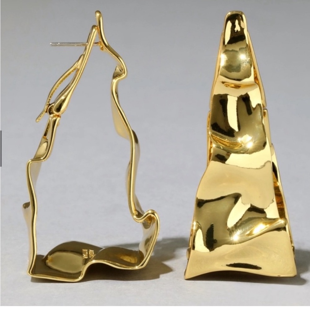 ALEXIS BITTAR • NEW RARE Gold Crumpled Metal 3D Triangle Hoop Hinged Earrings